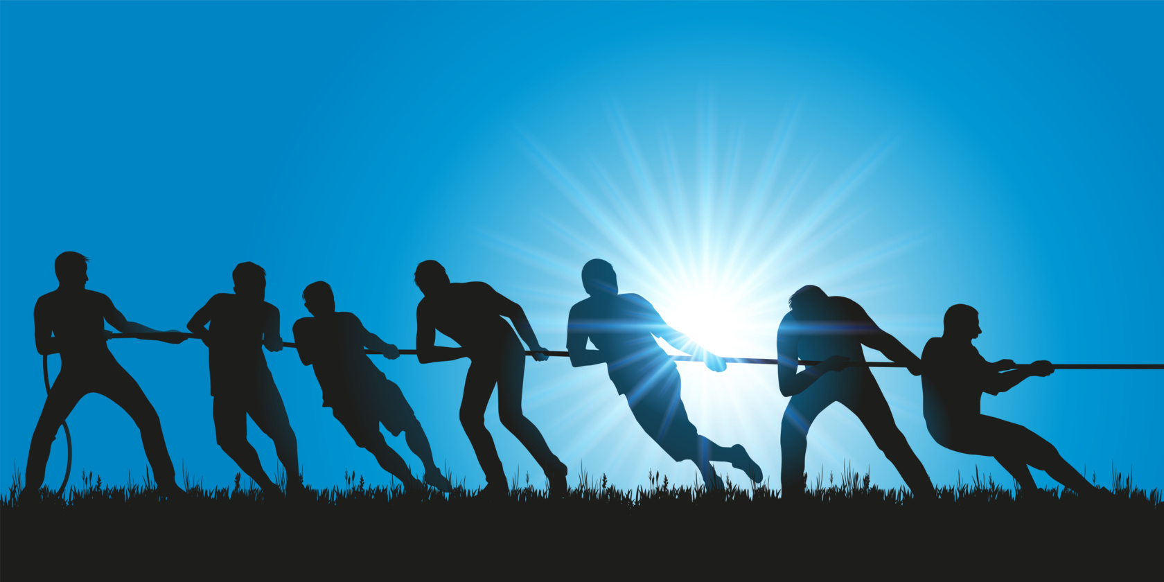 Symbol Of Teamwork With A Group Of Six Men Pulling Rope.